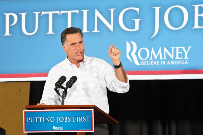 Presidential hopeful Mitt Romney speaks to supporters at an event held at Sierra Truck Body & Equipment, a North Las Vegas business, Friday, Aug 3, 2012.